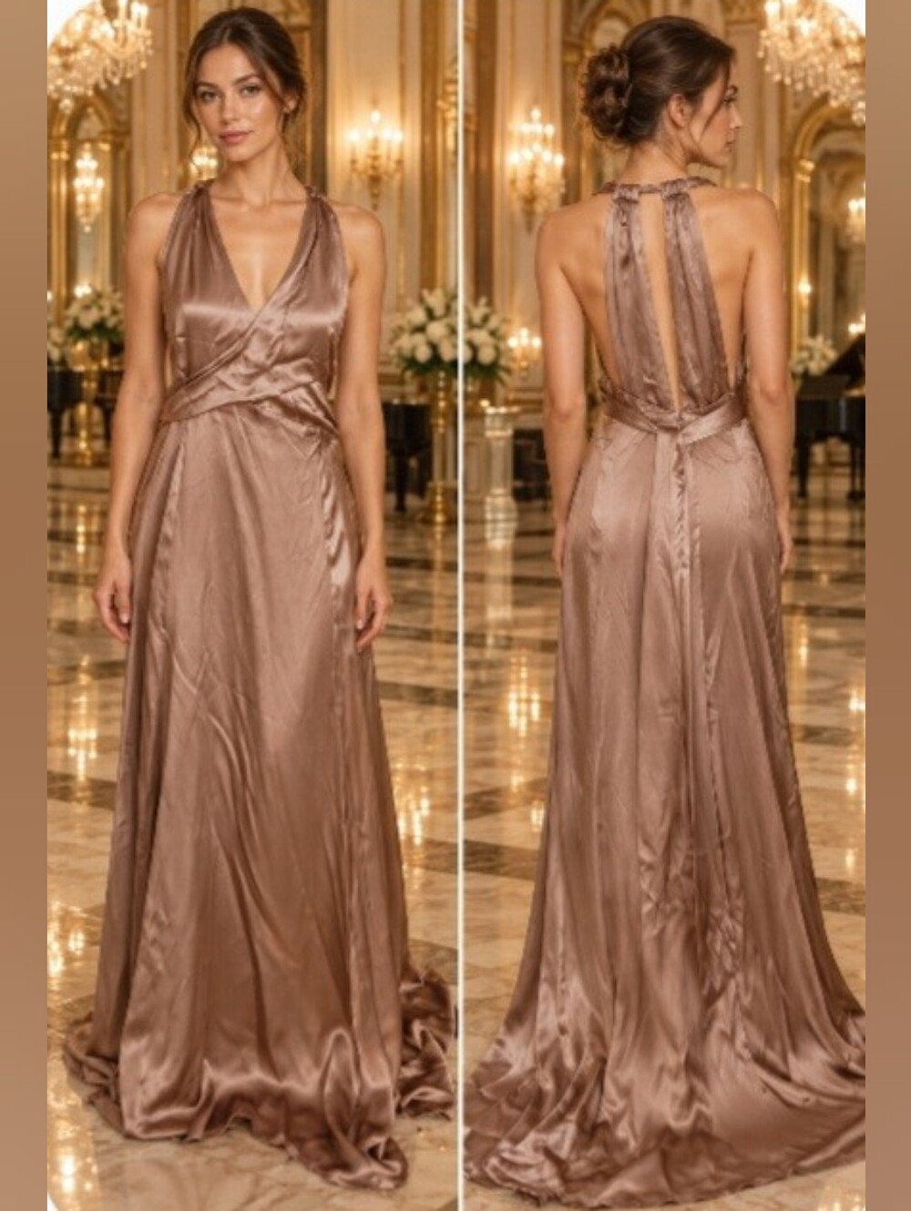 Anthropologie Metallic Taupe Backless Halter Gown